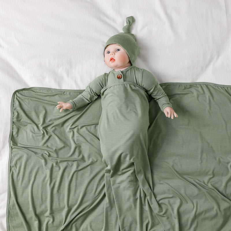 Bayceen Large Rayon Jersey Knitted Swaddle Blanket for Baby, Soft Stretchy Receiving Blanket for Newborns with Hat, Large 47 x 47 inches (Sage)