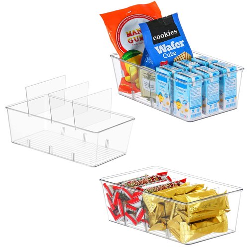 wilfox Pantry Organization, 3 Pack Clear Organizer Bins with Removable Dividers for Pantry, Kitchen, Fridge, Cabinet, Stackable Storage Bins for Snack, Pouches, Spice Packets