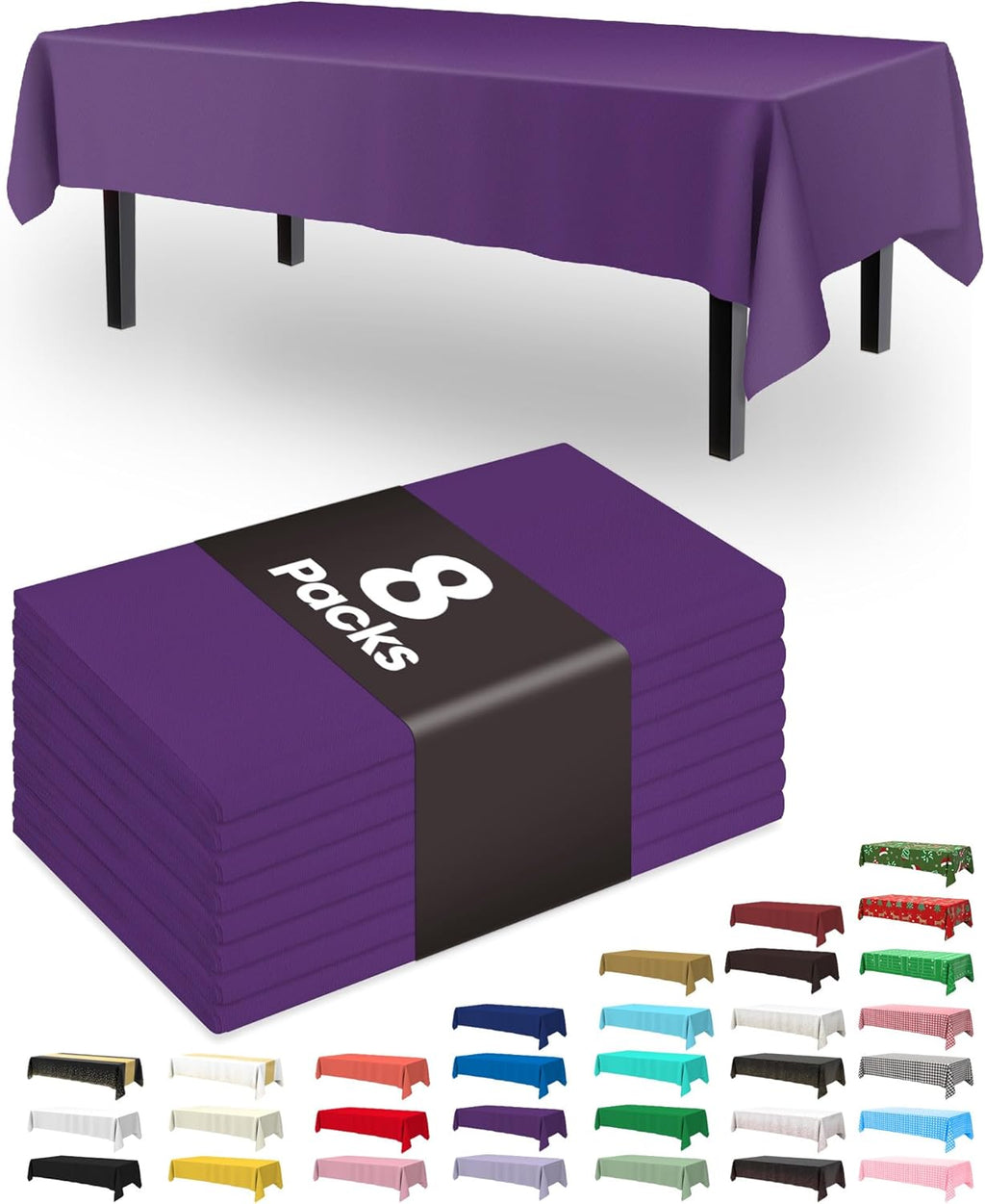 Pureegg Disposable Plastic Tablecloths - Leakproof & Sturdy, 54 x 108 Inch, Purple | 8 Pack for Graduation Party