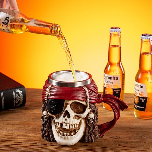 Skull Mug Caribbean Pirate Bandana Beer Coffee Mugs with Handle, Stainless Steel and Resin Tankard Coffee Beer Mug Cup Drunken Pirate's Life For Me Buccaneer Nautical Kitchen Dining Accessory - 14oz