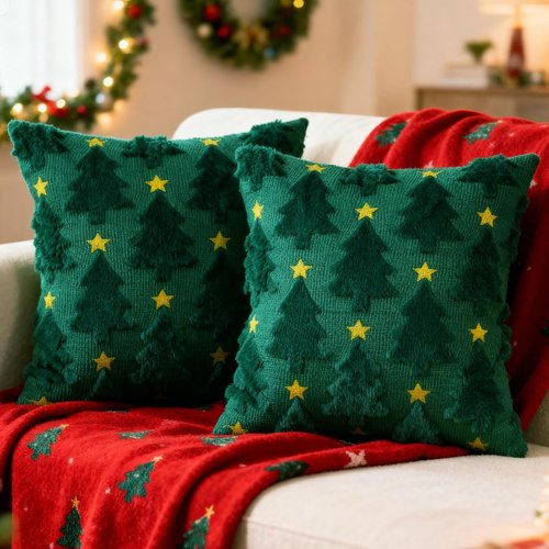 Hongsome Green Christmas Decor | Plush Faux Fur Throw Pillow Covers - Set of 2, 18x18in, Xmas Tree Design