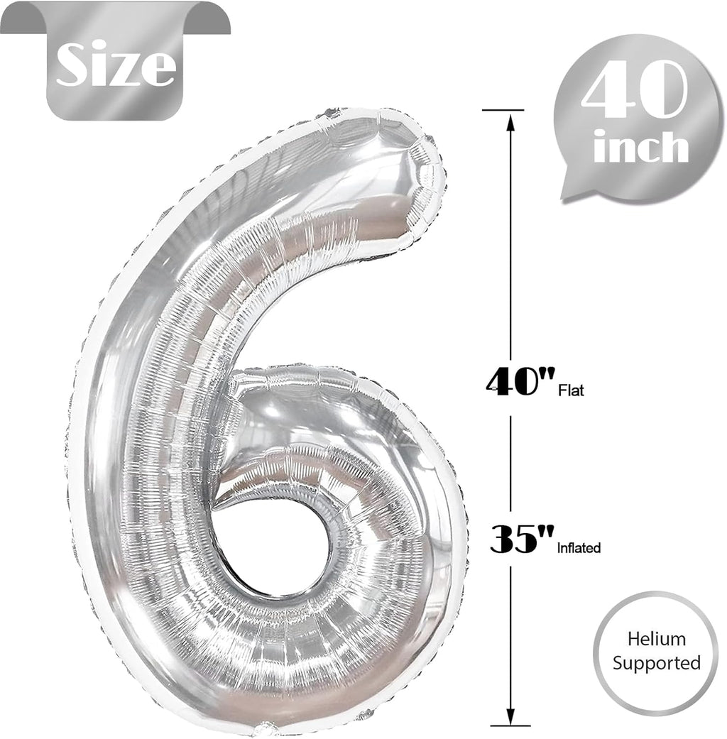 Silver Number 6 Balloon | 40-Inch Birthday Decoration for 6th Birthday Celebrations