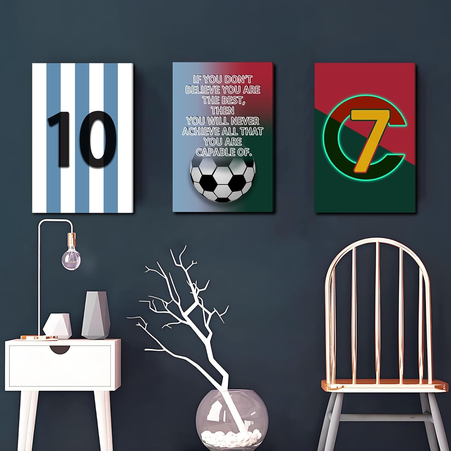 Pormipone Football Wall Art - 3 Pcs Soccer Canvas Posters for Boys Room | 16x24 in Inspirational Decor
