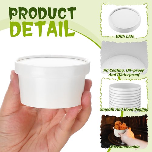 Fulmoon 50 Pack 6 oz Paper Soup Containers with Lids, Disposable Kraft Paper Soup Cups Ice Cream Bowls Food Storage with Lids, Microwavable and Freezer Safe (White)
