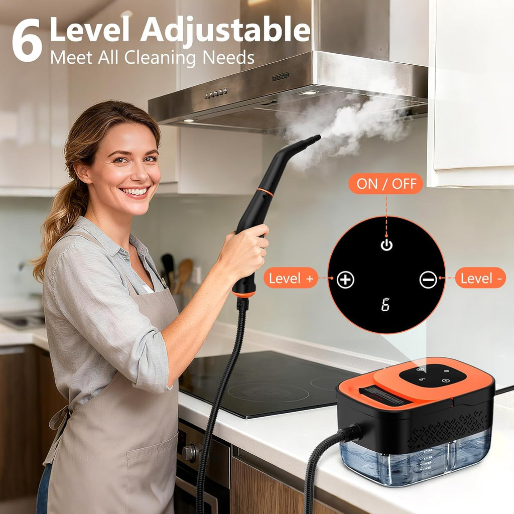 Skiennix Portable Steam Cleaner - Handheld Steamer with 16 Accessories, 6-Level Adjustable, 15s Heat-Up, Ideal for Home & Car Detailing - Orange