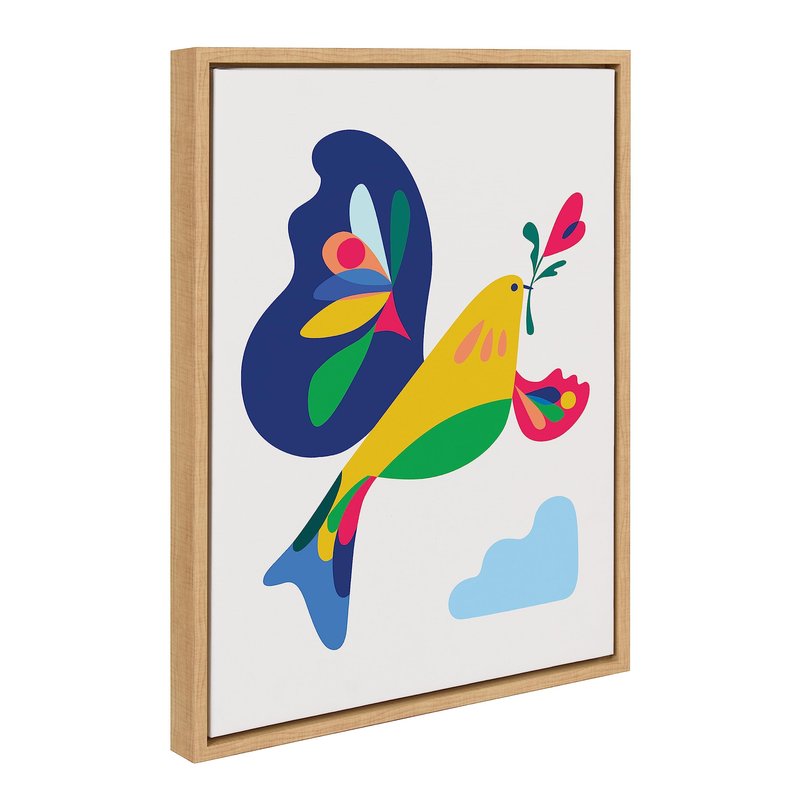 Kate and Laurel Sylvie Peace Dove Framed Canvas Wall Art by Rachel Lee of My Dream Wall; 18x24 Natural; Modern Colorful Geometric Animal Bird Art for Wall