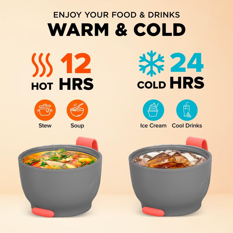 ENERGIFY Vacuum Insulated Food Jar. Large 12oz Bowl incl. Folding Spoon, Cup. Wide Mouth Keep Hot & Cold Drinks Soup Lunch Container for Adults. BPA-Free Stainless Steel, Leak Proof Fusion Coral