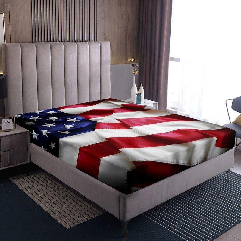 United States Fitted Sheet American Flag Blue Red Printing Bedding Set for Kids Teens Adult USA Federations Stars Stripe Fitted Bed Sheet Queen Size 1 Fitted Sheet with 2 Pillow Cases(No Top Sheet)