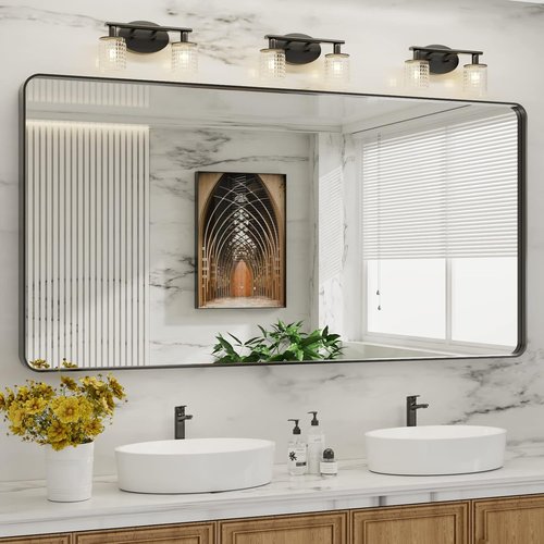 LOAAO Black Metal Framed Bathroom Mirror - 72x36 Inch Large Rounded Rectangle, Anti-Rust & Shatter-Proof