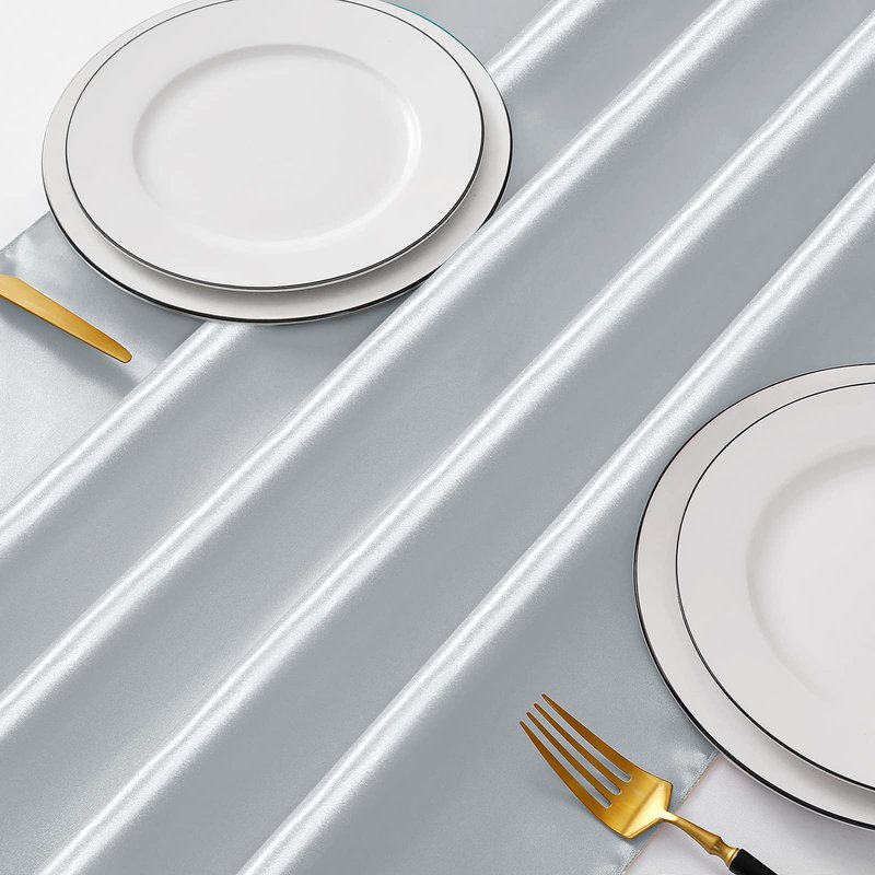 Manyshofu 12Pcs Satin Silver Table Runner - 12 x 108 Inch Long Size, Party Table Runner Decor Bright & Smooth Wedding Decorations Runners for Banquet Chef Birthday Buffet Dinner Graduations