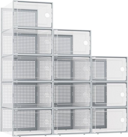 Kuject Shoe Storage Boxes - XX-Large Clear Plastic Organizers | Stackable 12 Pack for Closet & Under Bed, Grey