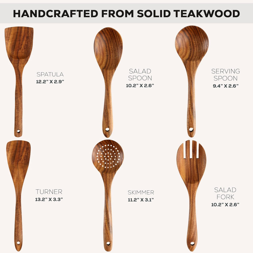 Zulay Kitchen Wooden Cooking Spoons Set - 6 Durable Teak Utensils with Comfort Grip, Easy to Clean
