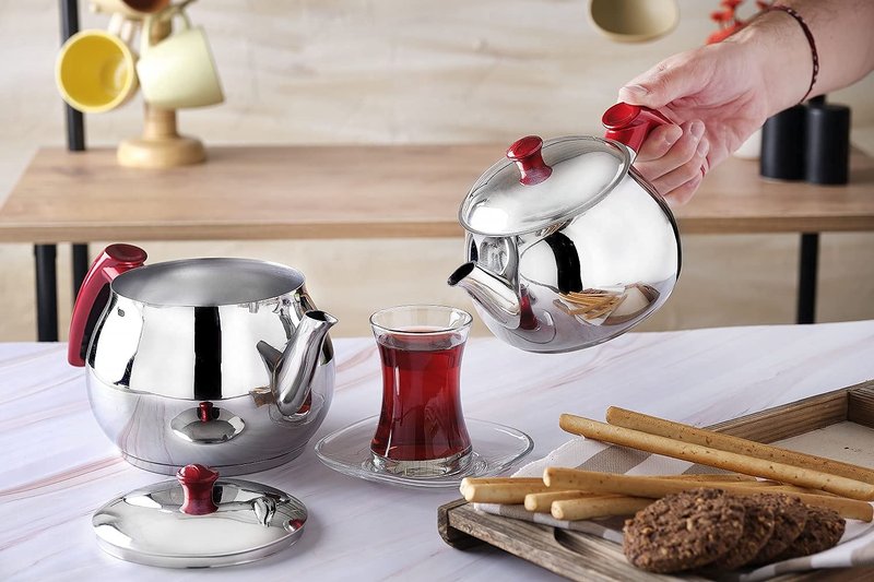 DESTALYA Turkish Teapot Set | Stainless Steel Double Tea Pots for Stove Top | Tea Maker with Strainer | Samovar Tea Kettle, Water Heater (Midi with Red Handles)