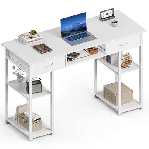 Sweetcrispy Desk with Fabric Drawers, Computer Office 48 Inch Gaming Writing Study 4 Storage Shelves Table for Home Office Bedroom PC Desk, White Wood