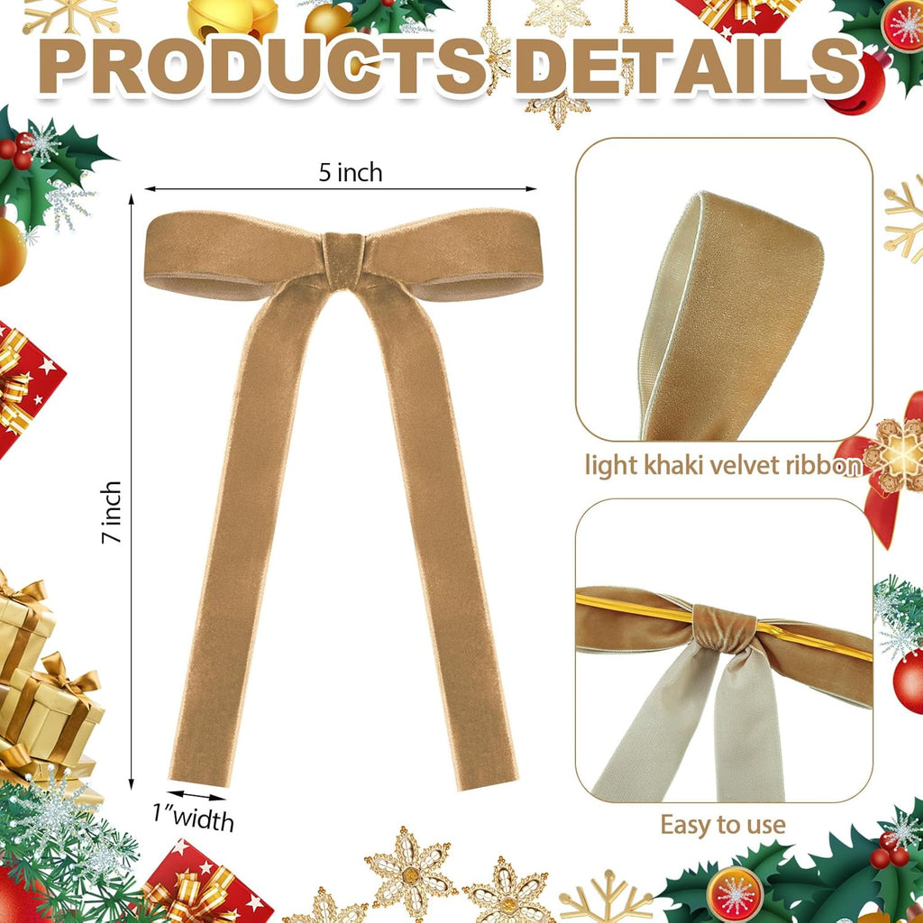 Skiennix Velvet Bows - 24 Pcs Vintage Ribbon Bows for Christmas Tree & Crafts | Light Khaki (5 x 7 Inch)