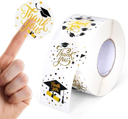 FYSUIMU Graduation Stickers Roll - 1000Pcs Gold Foil Thank You Labels | Self-Adhesive Grad Cap Designs
