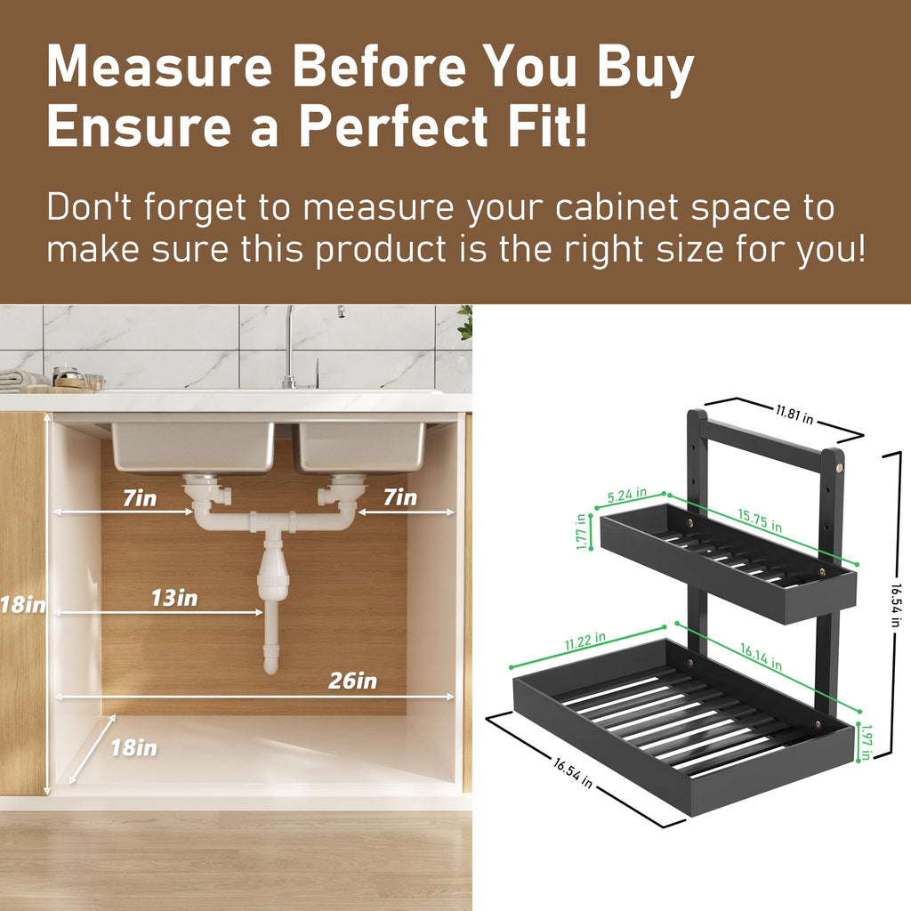 Bamboo Under Sink Organizer and Storage, 2 Tier Pull Out Cabinet Organizer, Slide Out Under Sink Storage Shelf, Undersink Organizers Shelves for Kitchen Bathroom Organization (Black, 2 Packs)