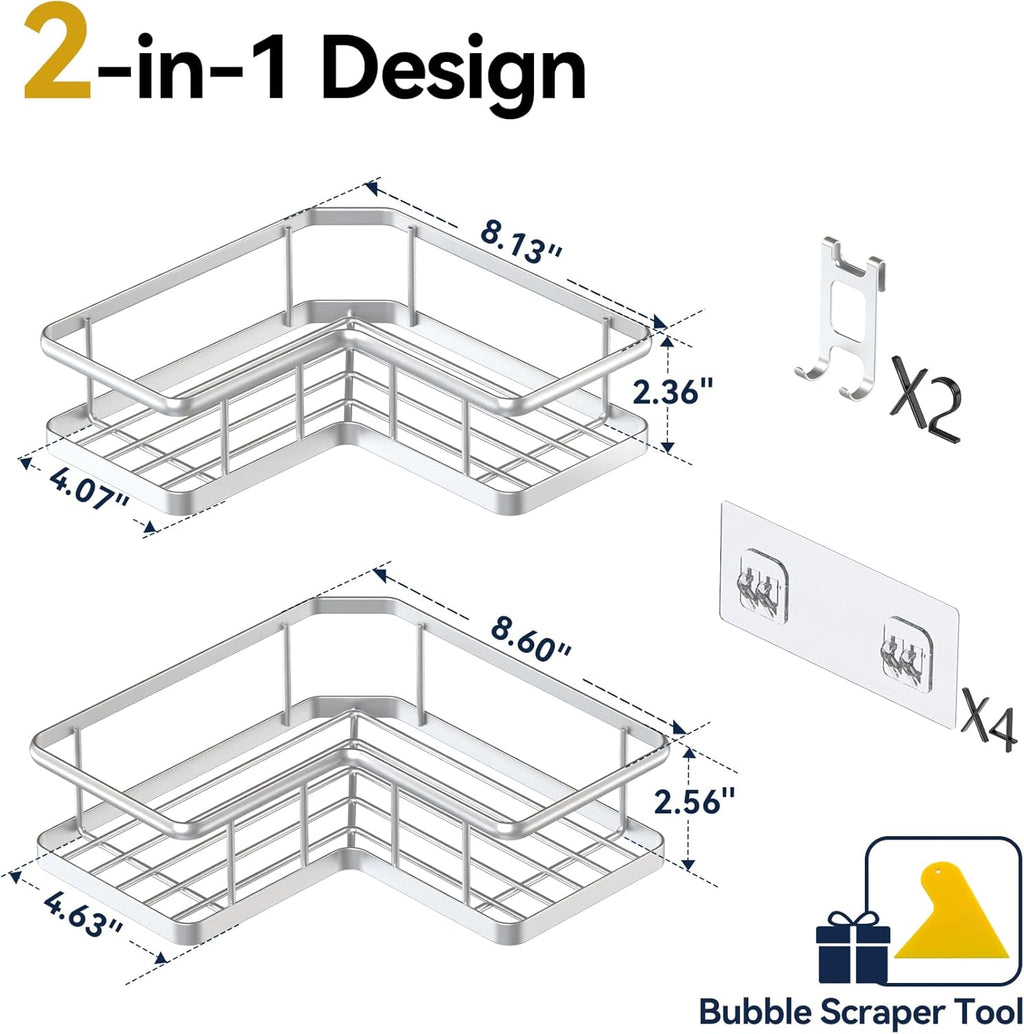 YASONIC Shower Caddy | 2-Pack Rustproof Stainless Steel Corner Shelves with Soap Holder - Silver