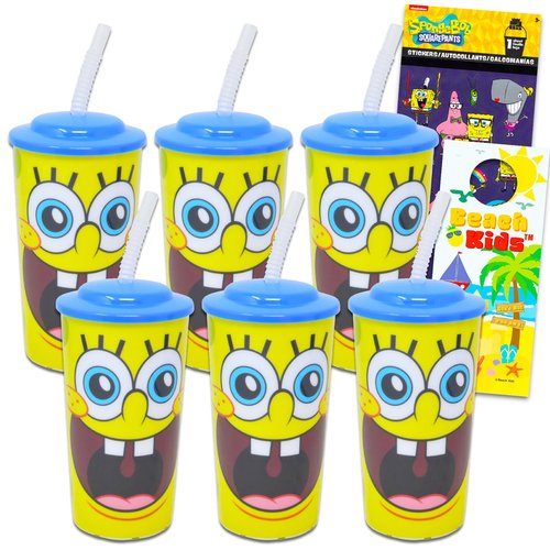 Nickelodeon Spongebob Squarepants Kids 16 Oz Reusable Cups - Spongebob Party Favor 6 Piece Bundle with 16 Oz Cup with Lid and Straw Plus Stickers for Boys, Girls | Spongebob Tumbler with Straw