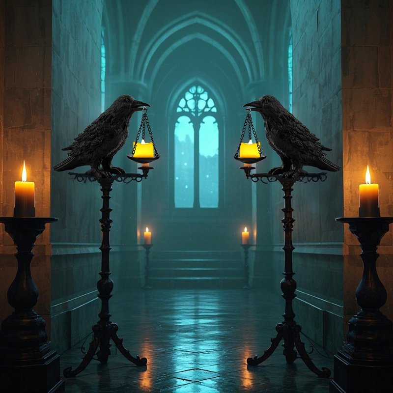 Gothic Crow Lamp with Tealight Candle Holder Resin Raven Decor Statue Gothic Home Decor for Bedroom Unique Goth Gifts Black 2PCS