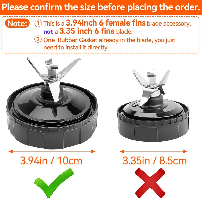 1-pack 6 Female Fins Extractor Blade Assembly for Ninja, 4in/10cm Blender Blade Replacement Parts for Ninja Auto iQ BL450 BL456 BL480 BL480D BL482, with Hook, Brush, Rubber Gasket (Female Fins Only)