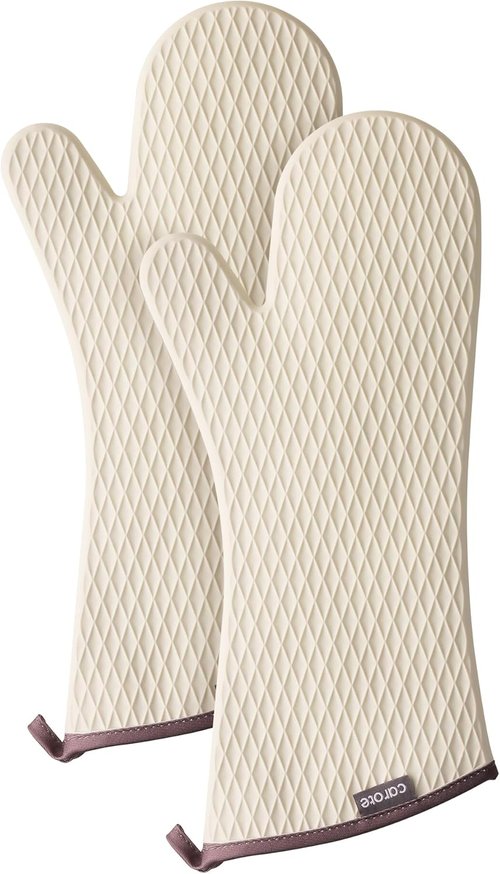 CAROTE Extra Long Oven Mitts - Heat Resistant Non-Slip Silicone Gloves for Baking & Grilling | 2-Piece Set, Beige