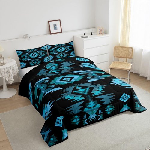 Feelyou Blue Black Southwestern Comforter Set,Tribal Native American Indian Bedding Set Twin Size,Boys Girls Bedroom Room Decor,Exotic Style Comforter,Farmhouse Western Bed Set