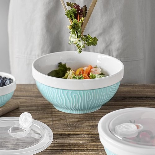 DOWAN Mixing Bowls Set - Ceramic Serving Bowls with Lids for Food Storage | 4-Piece Turquoise Set (64/32/24/12 Oz)