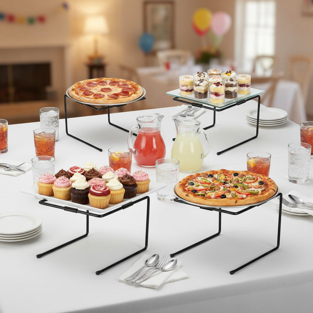 MyGift Black Metal Pizza Table Stands, Tabletop Pizza Pan Riser Food Platter Tray and Display Rack, Set of 4