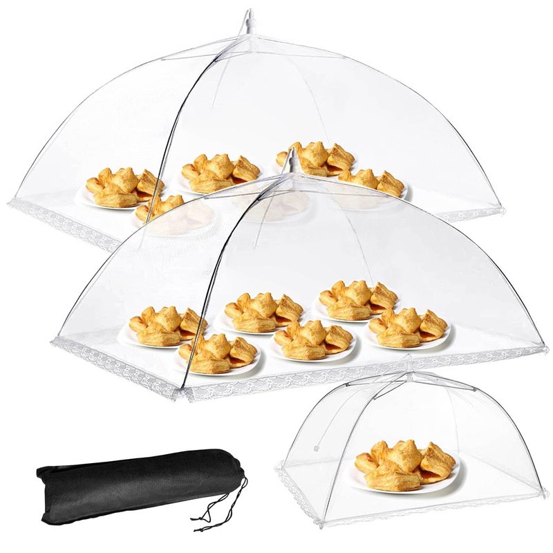 2 Pack Extra Large Food Tents SPANLA 41"X27" Pop-Up Mesh Food Covers for Outdoors with 1 Standard (17"X17") Food Cover, Reusable and Collapsible Food Nets Outside BBQ Party Supplies