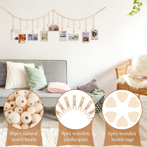 KLOGTSIND Hanging Photo Display - Boho Picture Frames Collage with 9 Wood Clips | Office & Kids Art Decor
