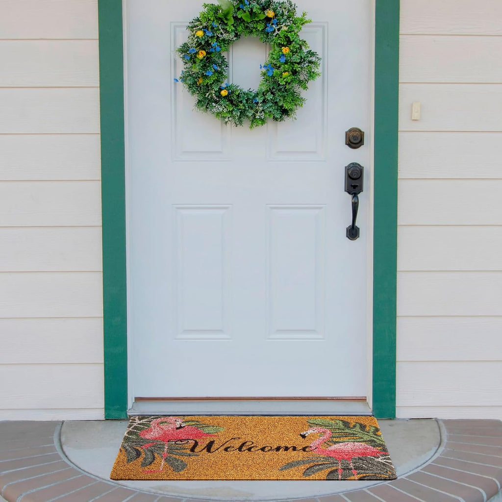 Tinideya Flamingo Welcome Door Mat - Tropical Palm Leaves Design | Washable Non-Slip Rug 17x29 Inch