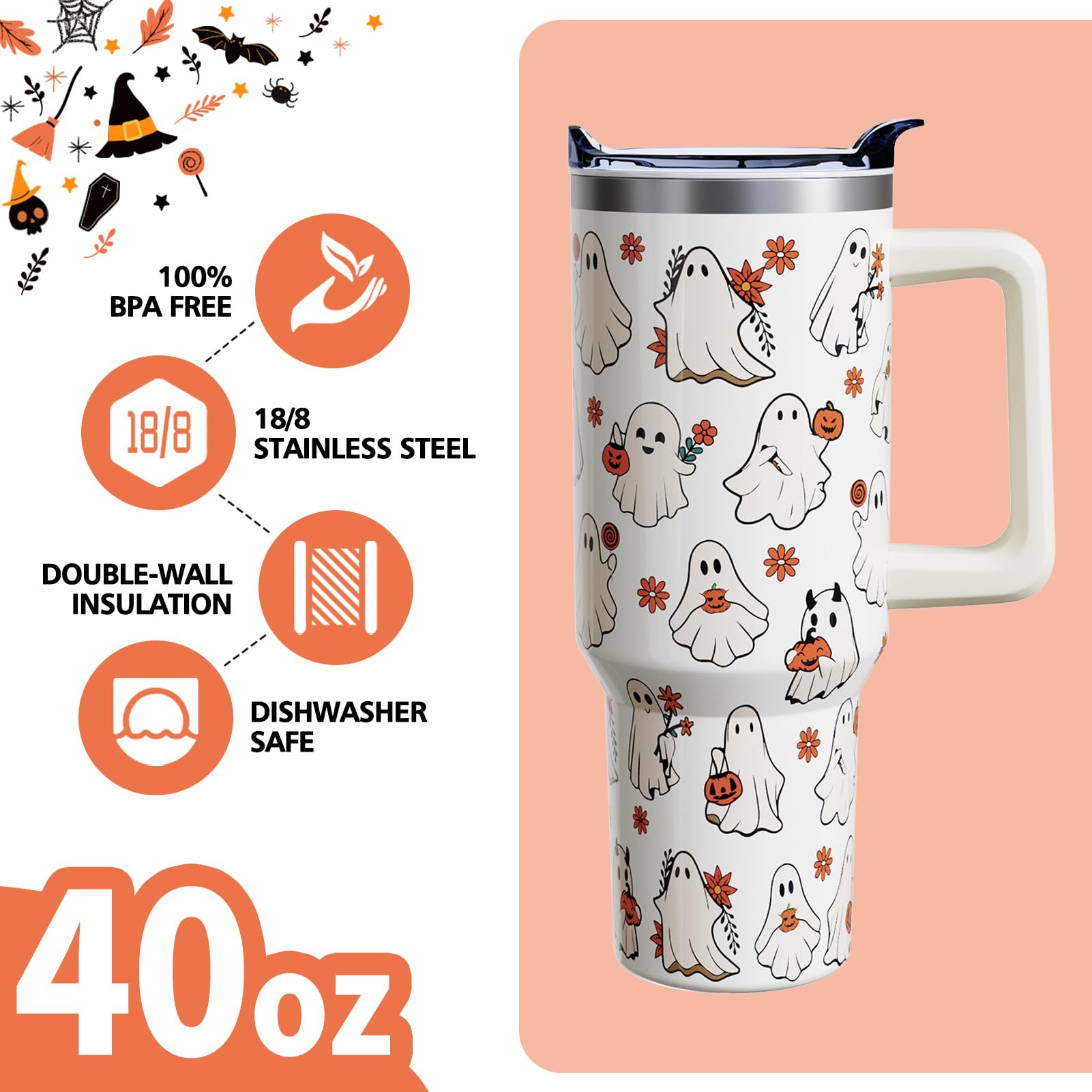 Sabobo Halloween Spooky Cup Gifts for Women Men, Cute Ghost 40oz Tumbler with Handle and Straw, Holiday Stainless Steel Insulated Water Bottle (1 PC)