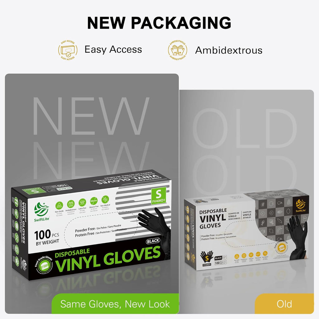 SWIFTLITE Black Vinyl Gloves - Disposable Food Grade, Latex-Free & Powder-Free | Ideal for Cleaning & Cooking