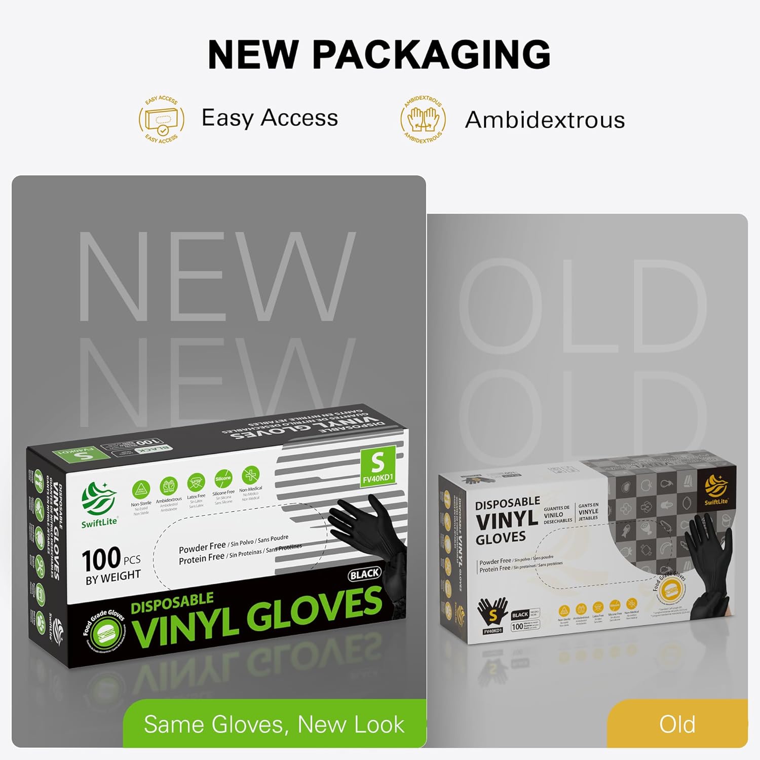 SWIFTLITE Black Vinyl Gloves - Disposable Food Grade, Latex-Free & Powder-Free | Ideal for Cleaning & Cooking