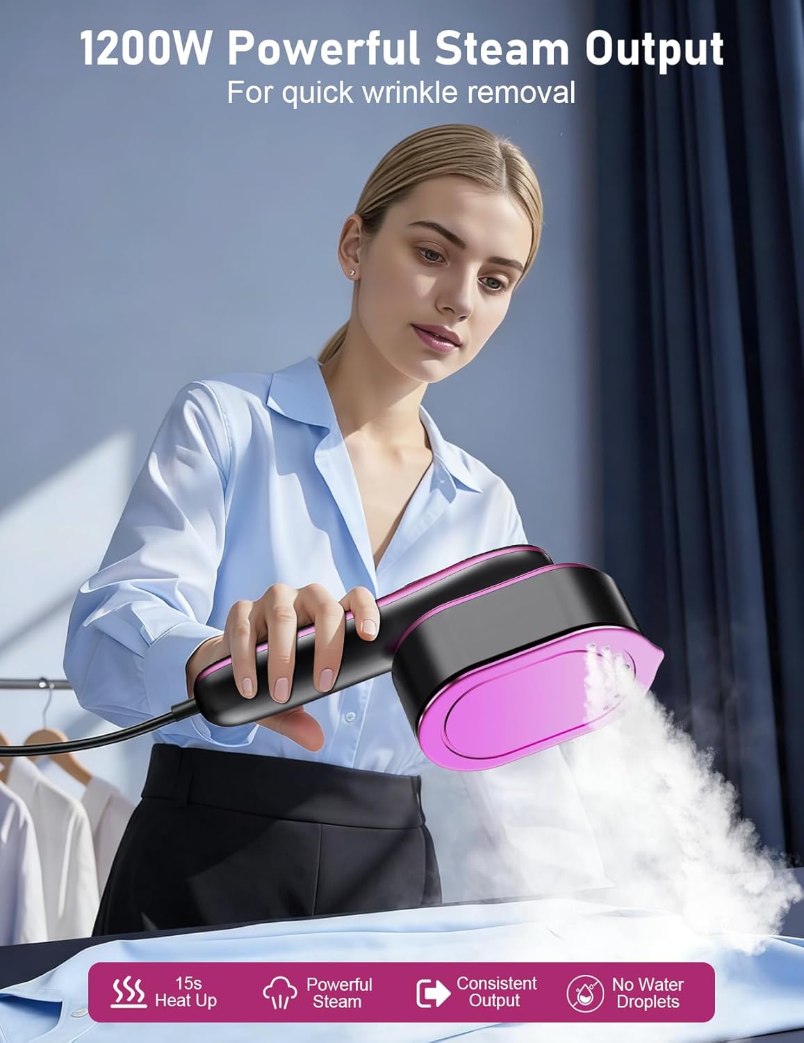 Skiennix Travel Garment Steamer - 1200W Portable Handheld 2-in-1 Iron | Fast 10s Heat-Up, All-Fabric Wrinkle Remover