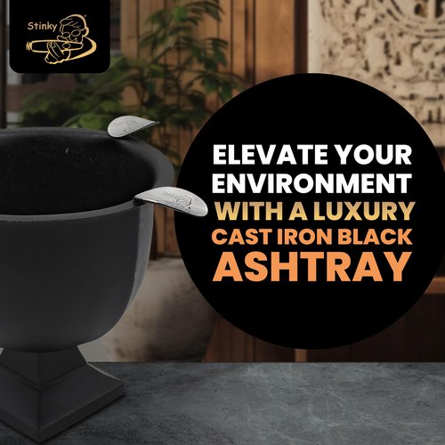 Stinky Cigar Box Pressed Ashtray, Cast Iron Black - Windproof Design with 4 Stirrups, Deep Bowl for Indoor & Outdoor Use, Heat Resistant & Easy to Clean - Ideal Smoking Accessory for Cigar Enthusiast