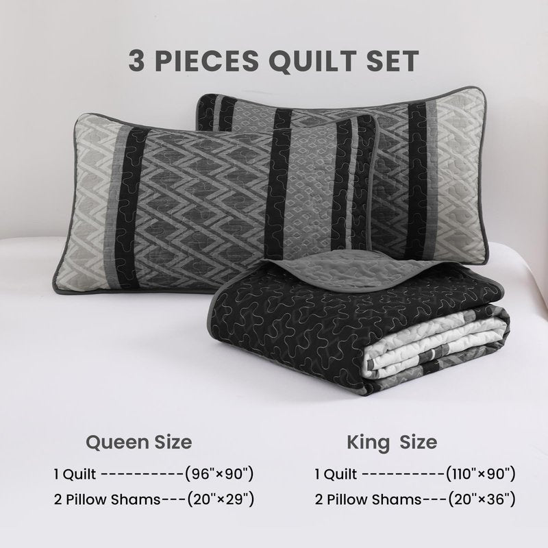 Dinjoy King Size Quilt Set Boho, Soft 3 Pieces Striped Fall Bedspreads Dark Grey Quilts Bedding Sets Boho Lightweight Quilted Coverlets Set Black for Men Bed 110"x90"