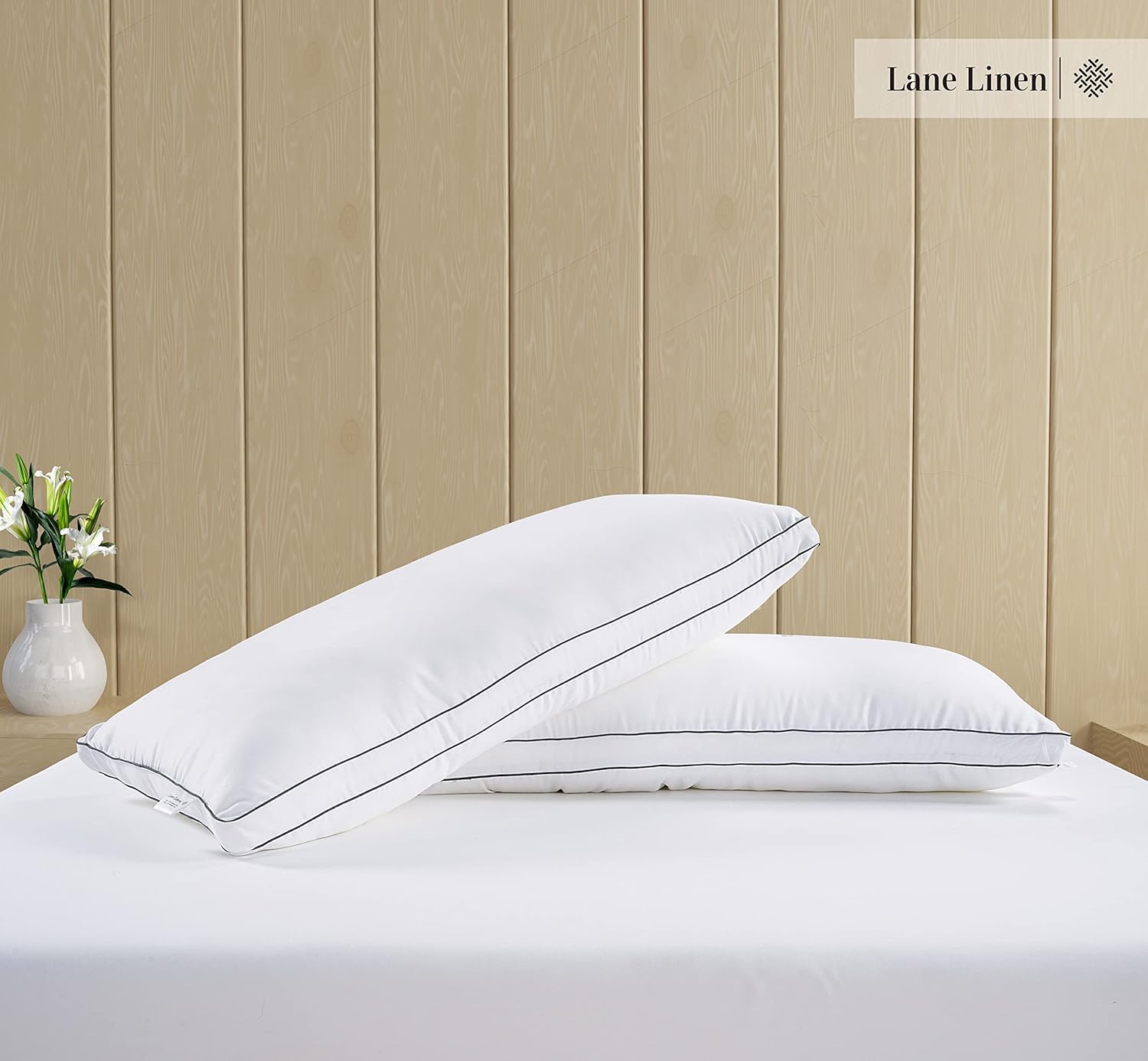 **LANE LINEN Standard Size Bed Pillows - Medium Soft Gusseted Down Alternative for Side Sleepers | Set of 2 - White**