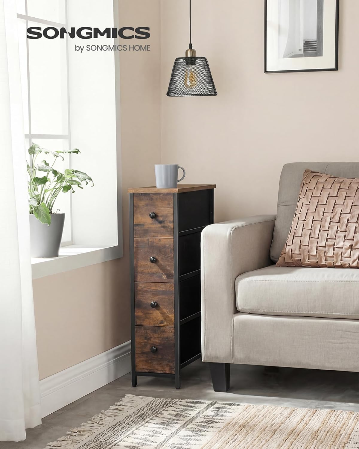 SONGMICS Dresser - Narrow Chest of Drawers for Bedroom Storage | 4-Drawer Organizer in Rustic Brown & Ink Black