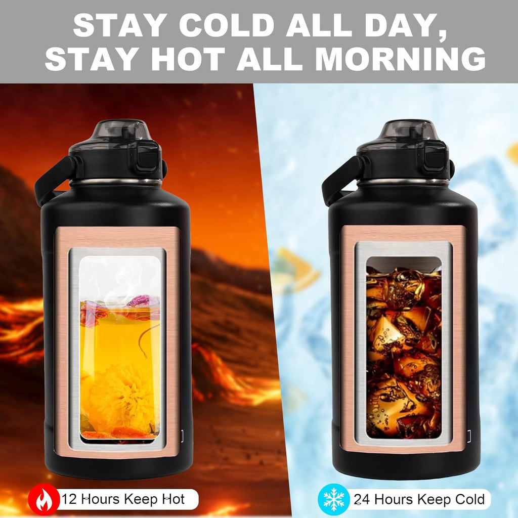 Skiennix 64oz Half Gallon Insulated Stainless Steel Water Bottle - 48H Cold & 24H Hot | Black