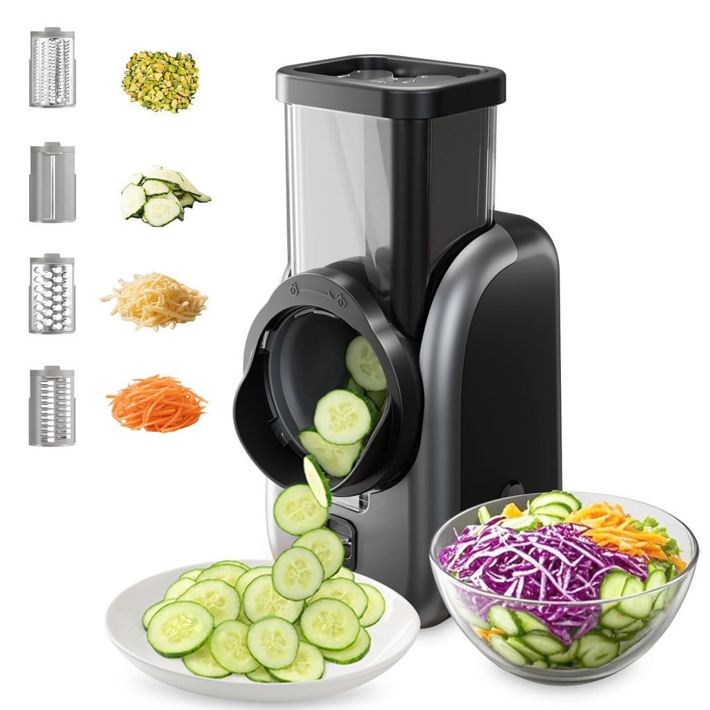 Electric Vegetable Slicer and Cheese Grater, Multifunctional Rotary Cutter with 4 Stainless Steel Blades for Potatoes Carrots Cucumbers Fruits Salad etc.