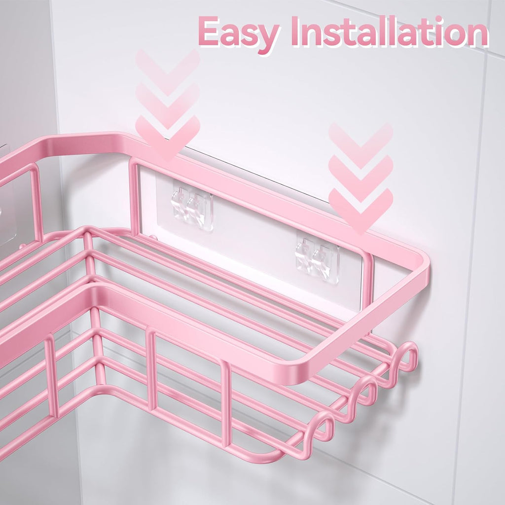 YASONIC Corner Shower Caddy - Rustproof Stainless Steel Organizer with Soap Holder & 12 Hooks | Pink, 3-Pack