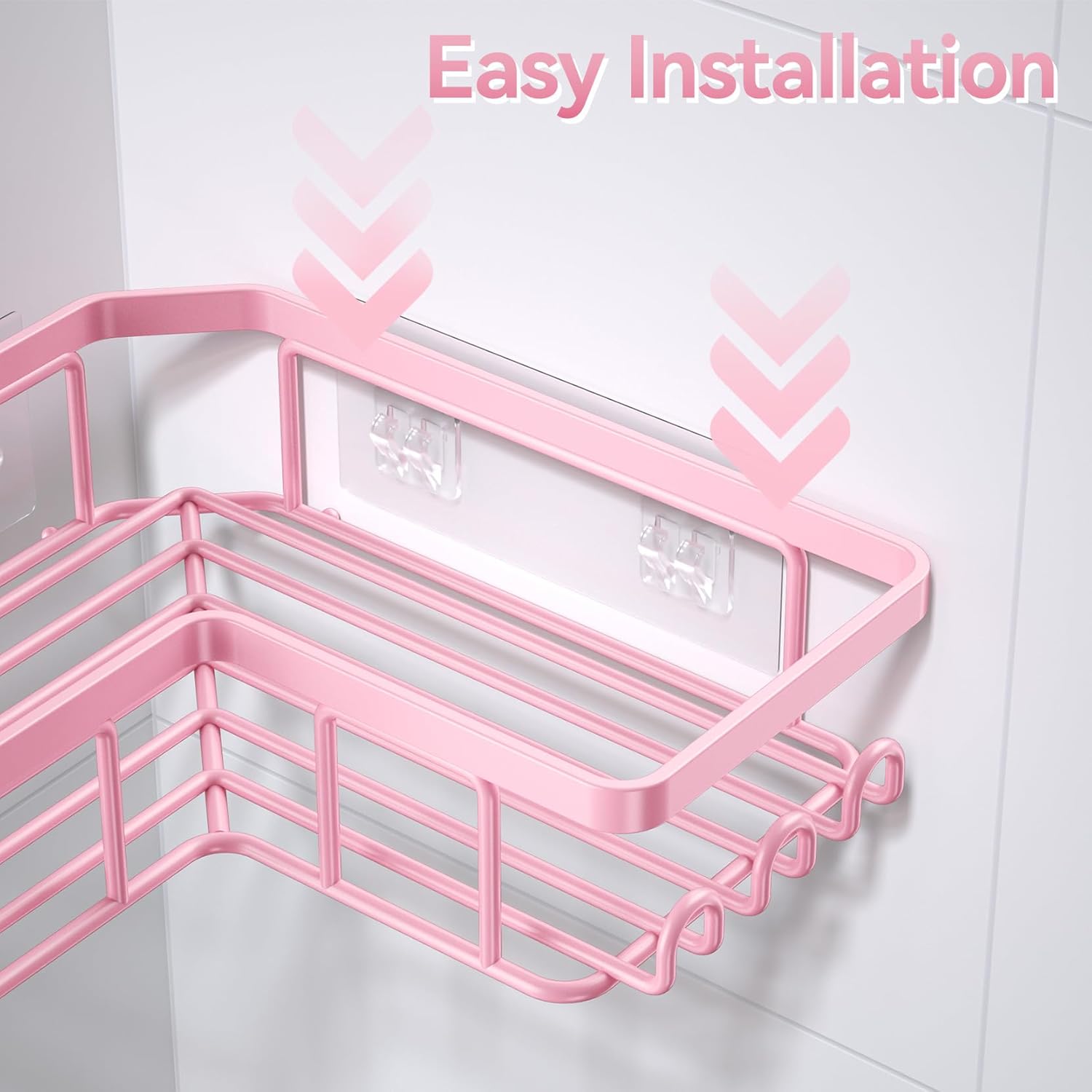 YASONIC Corner Shower Caddy - Rustproof Stainless Steel Organizer with Soap Holder & 12 Hooks | Pink, 3-Pack