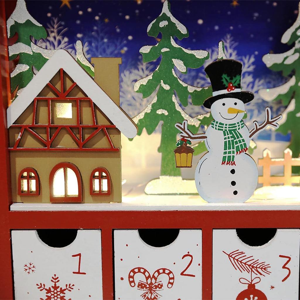 Regine Switzerland Christmas Wooden Advent Calendar - LED Lighting, Red Snowman & Santa Design, 24 Drawers for Holiday Countdown Decor