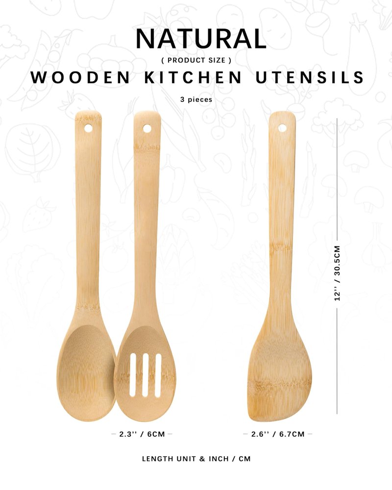 Hefild Wooden Spoons for Cooking, 3PCS Wooden Utensil Set Includes Slotted Spoon, Wooden Spoon & Wooden Spatula, Bamboo Cooking Utensils for Non-Stick Pans, Natural Bamboo Utensils