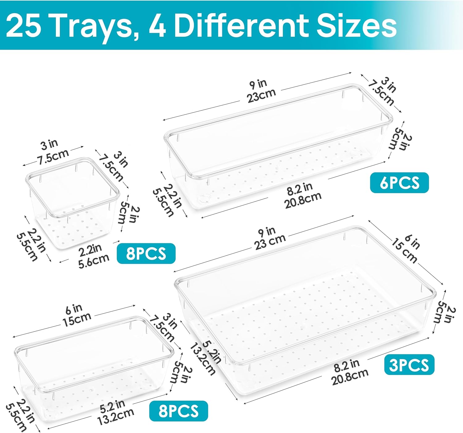 Vtopmart 25 PCS Clear Plastic Drawer Organizers Set - 8 Pack Drawer Dividers for Clothes Storage