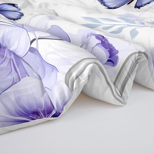 OUIXOTIC Purple Paris Eiffel Tower City Bedding Set for Girls Kids Women Couple Bedroom, Butterfly Quilt Queen Size Comforter for Audlt, 3Pcs Flower Comforter Set with1 Comforter and 2 Pillow Cases