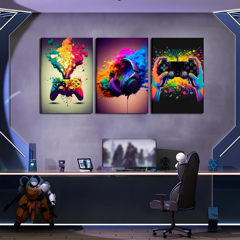 Skiennix Gaming Room Decor | Set of 3 Framed Canvas Posters - Video Game Controller Art for Boys' Bedrooms (16x24 in)