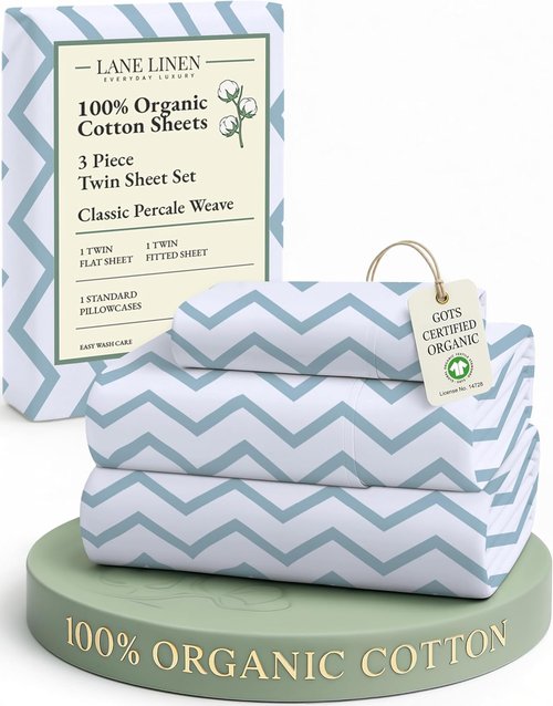 LANE LINEN 100% Organic Cotton Twin Bed Sheets - Naturally Cooling, Deep Pocket, Eco-Friendly Chevron Design
